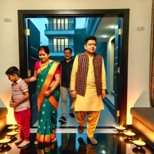 Family entering new home in Muhurta for House Warming (Griha Pravesh) day.