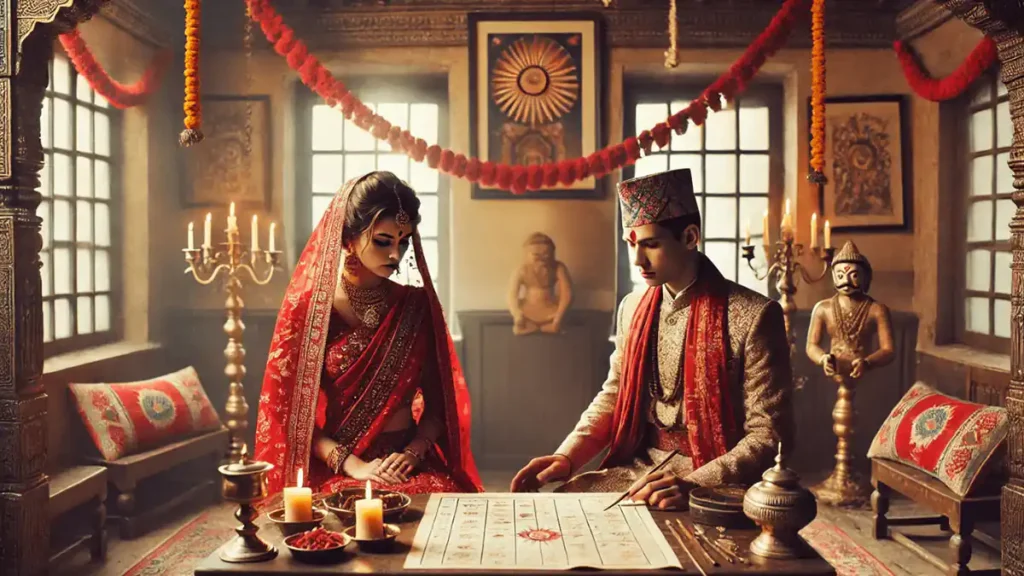 Deva Gana Couple consulting a traditional Hindu astrologer with their Kundali charts for marriage compatibility.v