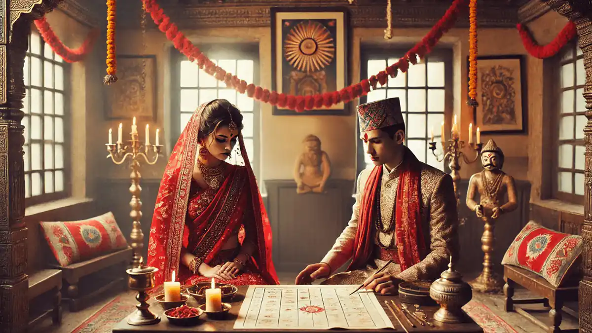 Couple consulting a traditional Hindu astrologer with their Kundali charts for marriage compatibility.v