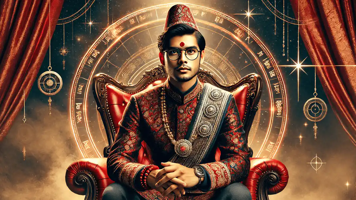 A young Nepalese man wearing a traditional Dhaka topi, seated on a luxurious red royal chair, dressed in rich traditional attire and jewelry, symbolizing leadership and prosperity, with a celestial astrological background."