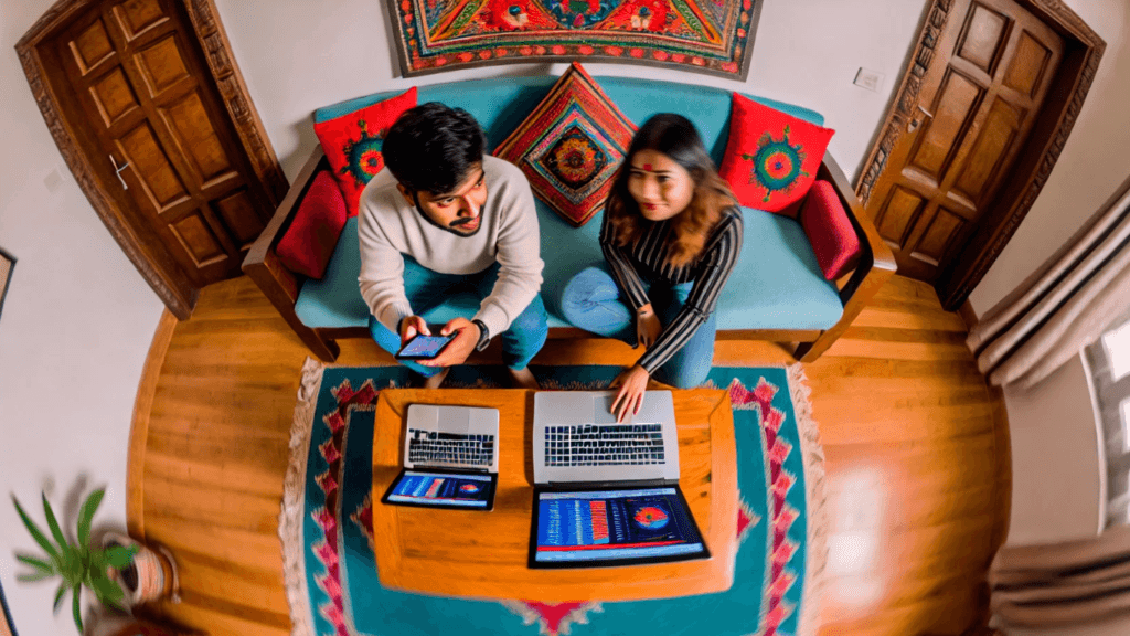 Modern couple using a laptop and smartphone for online Kundali Matching to assess marital compatibility