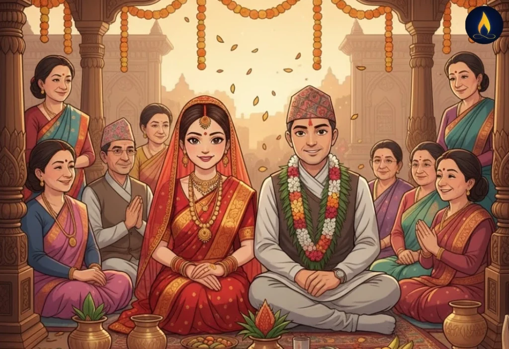 Manushya Gana: A detailed cartoon-style illustration of a traditional Nepali wedding ceremony. A mature bride in a red saree with gold jewelry and ghumto sits beside the groom wearing daura suruwal and a floral garland. They are seated in a decorated mandap with hanging marigold garlands, surrounded by smiling family members. Traditional puja items, fruits, and brass vessels are arranged in front of them, with warm lighting and a soft cultural ambiance.