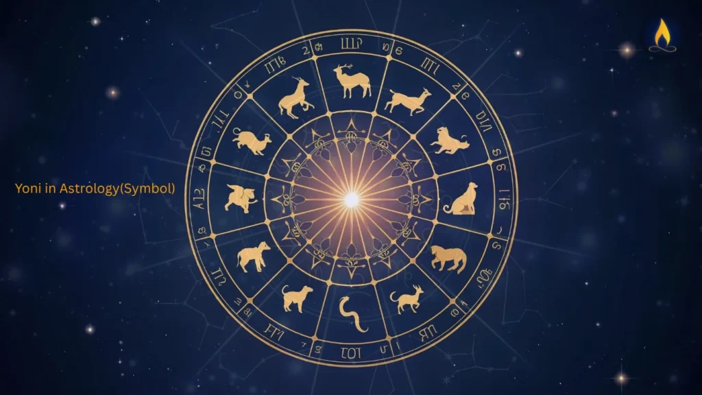 Yoni in Astrology illustrated with a circular zodiac chart showing all 14 types of Yoni in Astrology, their animal symbols, and Yoni matching for marriage.