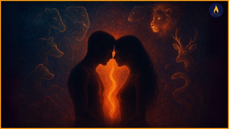 14 Yoni types in Vedic Astrology – male and female cosmic lovers surrounded by animal spirits symbolizing intimacy, love, and compatibility.