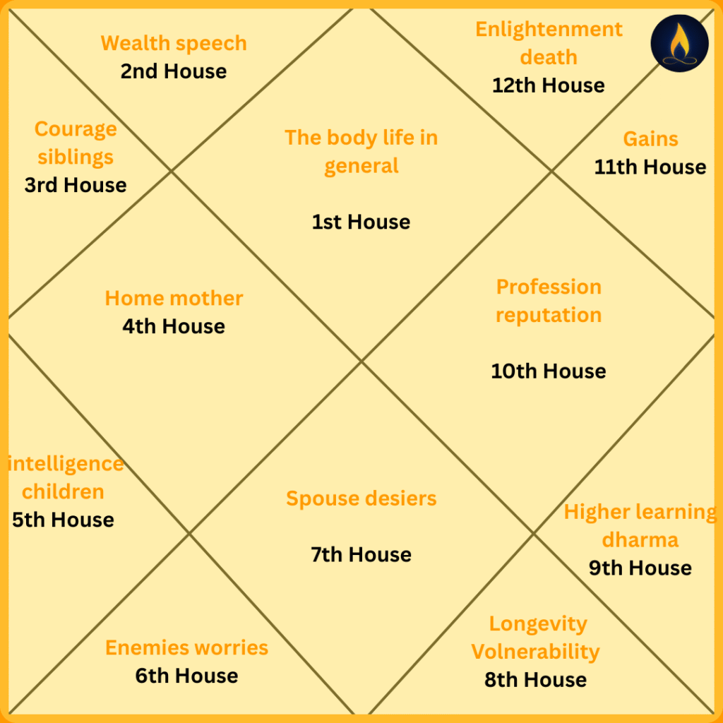 A square-shaped D1 Vedic astrology chart divided into 12 houses, each labeled with its number and focus area