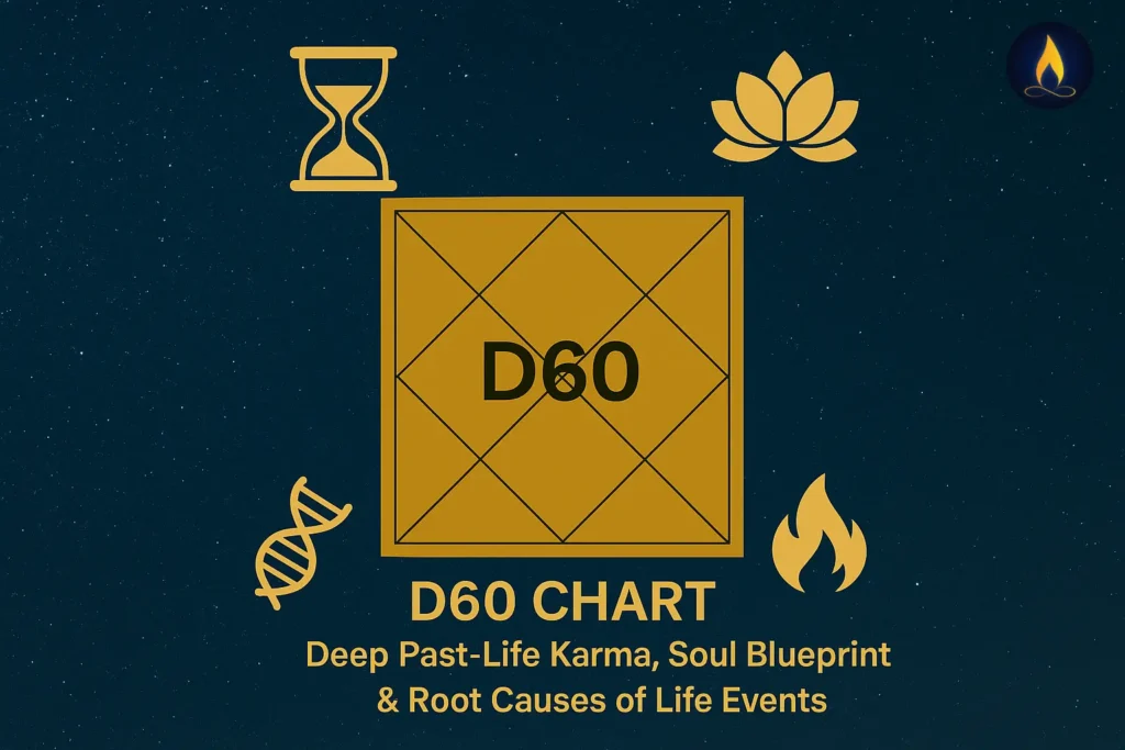 D60 chart visual in Vedic astrology showing a divisional chart surrounded by spiritual symbols, illustrating past-life karma, soul blueprint, and life-event origins.