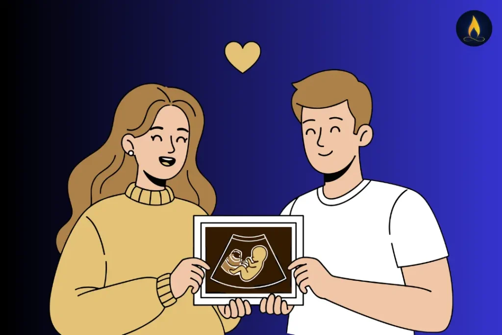 “Illustration of a happy couple holding an ultrasound image of their baby, with a heart symbol above them on a blue gradient background.