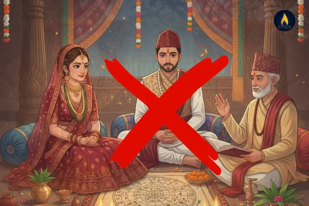 Shukra Asta illustration showing marriage ritual crossed out, symbolizing top 10 things to avoid during Shukra Asta