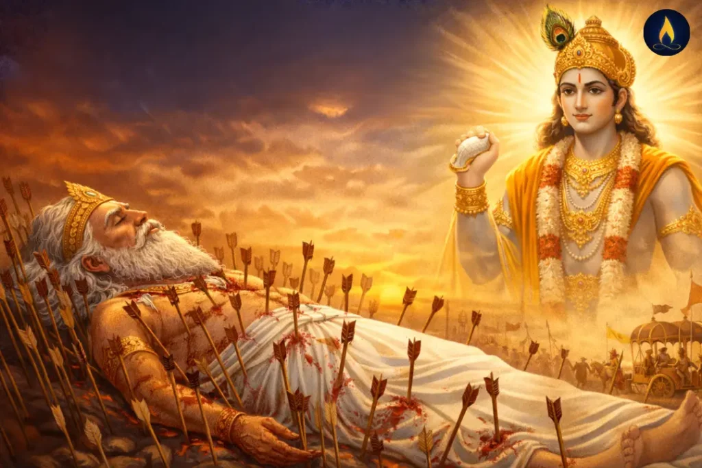 Bhishma Pitamah on the bed of arrows with Lord Krishna during Uttarayan, symbolizing spiritual liberation and the sacred Sun’s northward journey.